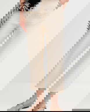 Pedro del Hierro pantaloni din in culoarea bej, drept, high waist, 7609781