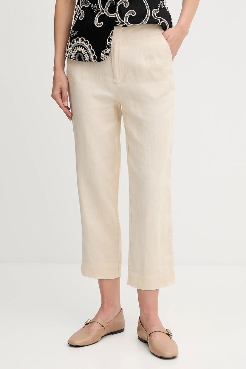 Pedro del Hierro pantaloni din in culoarea bej, drept, high waist, 7609781