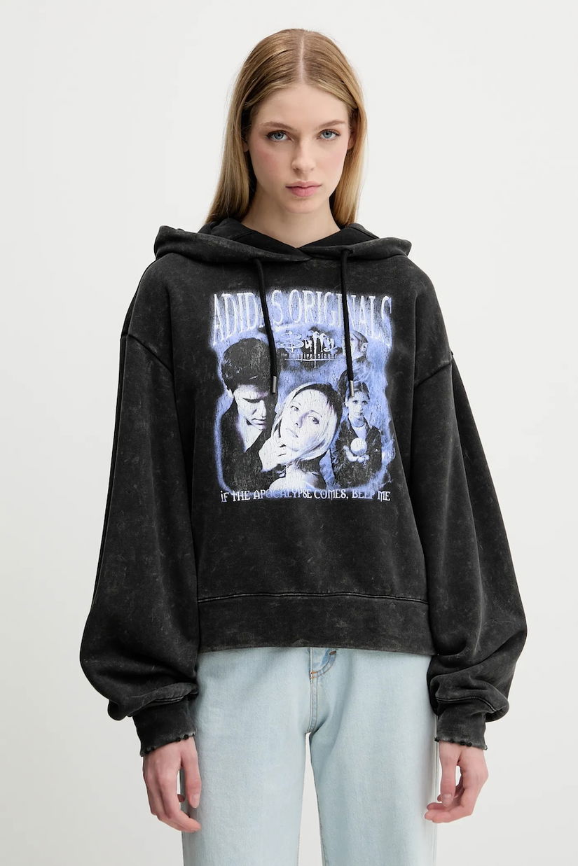 adidas Originals hanorac de bumbac Buffy Hoodie culoarea negru, cu glugă, cu imprimeu, JW0155
