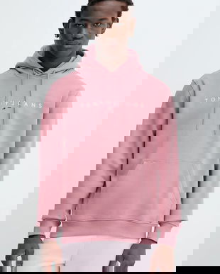 Tommy Jeans bluză culoarea bej, cu glugă, cu imprimeu, DM0DM20746