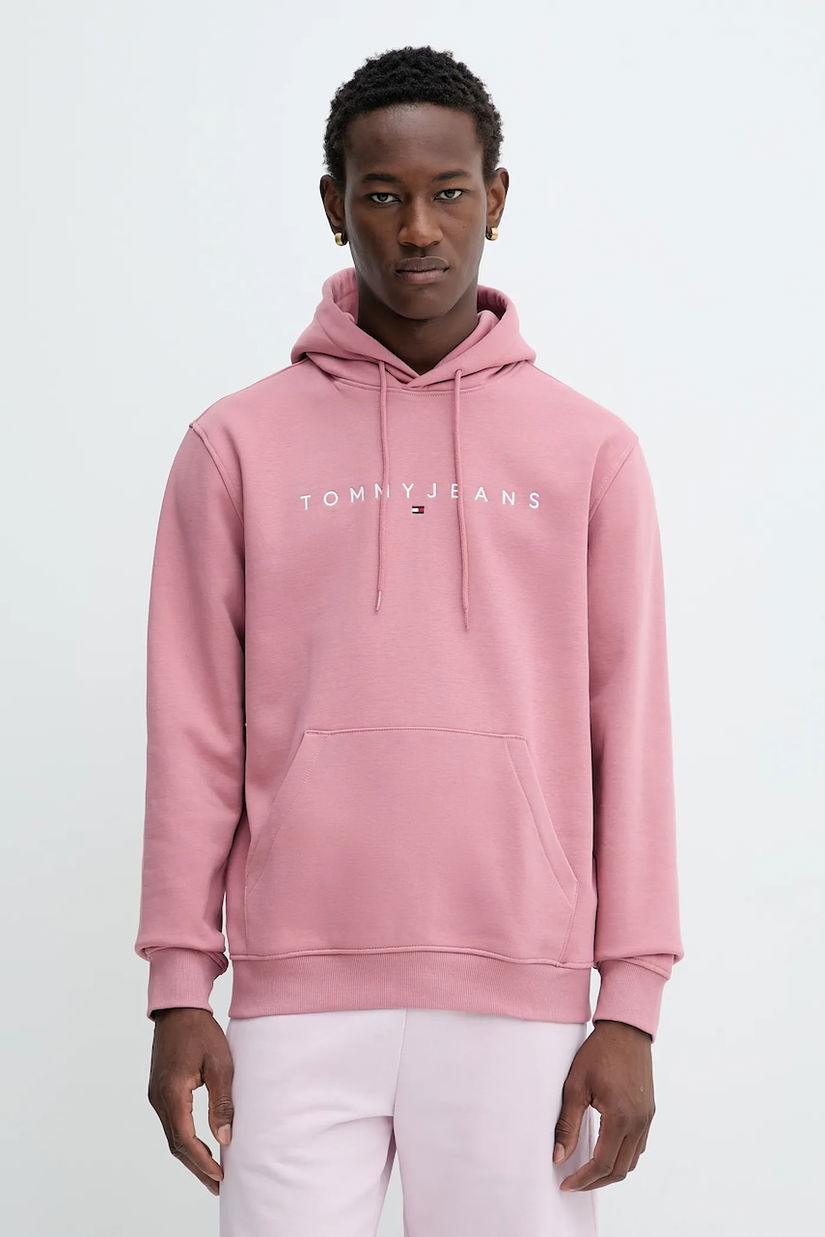 Tommy Jeans bluză culoarea bej, cu glugă, cu imprimeu, DM0DM20746