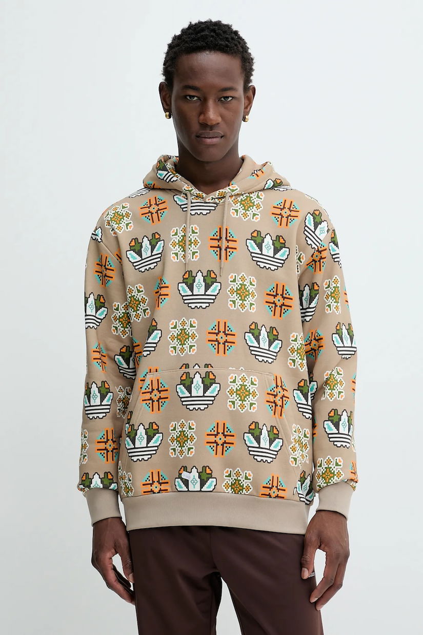 adidas Originals bluză Graphic Lo Hd culoarea bej, cu glugă, cu imprimeu, JW1084