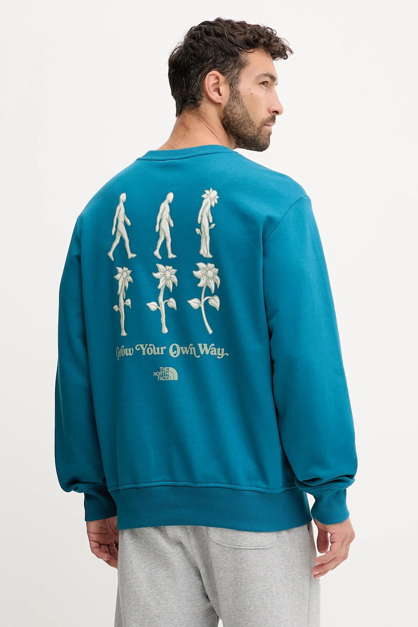 The North Face hanorac de bumbac Connect Relaxed culoarea turcoaz, cu imprimeu, NF0A8E3ZBSI1