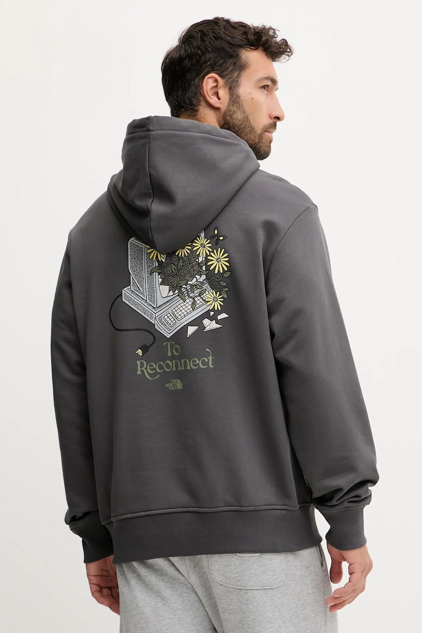 The North Face hanorac de bumbac Connect Relaxed culoarea gri, cu glugă, cu imprimeu, NF0A8E40RHI1