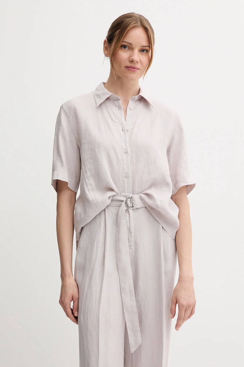 Sisley cămașă de in culoarea gri, cu guler clasic, relaxed, 5BMLLQ08U