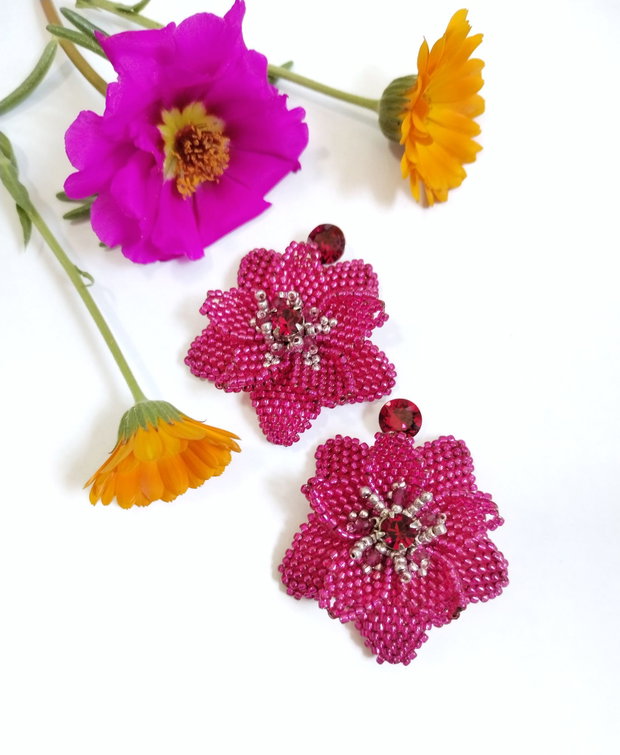 Cercei floare dubla Fucsia