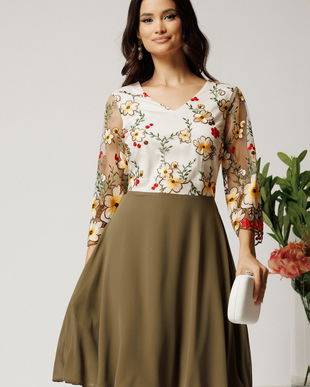 Rochie midi kaki cu fusta in clos din voal si dantela florala la bust