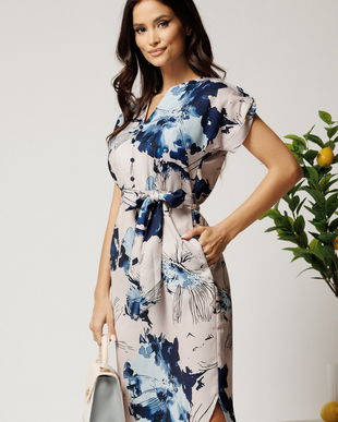 Rochie midi gri cu imprimeuri albastre si cordon in talie