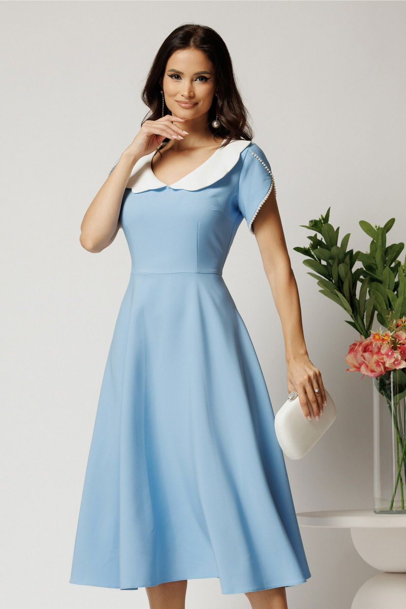 Rochie midi bleu din stofa in clos cu guler alb si perle margelute la maneci- LaDonna