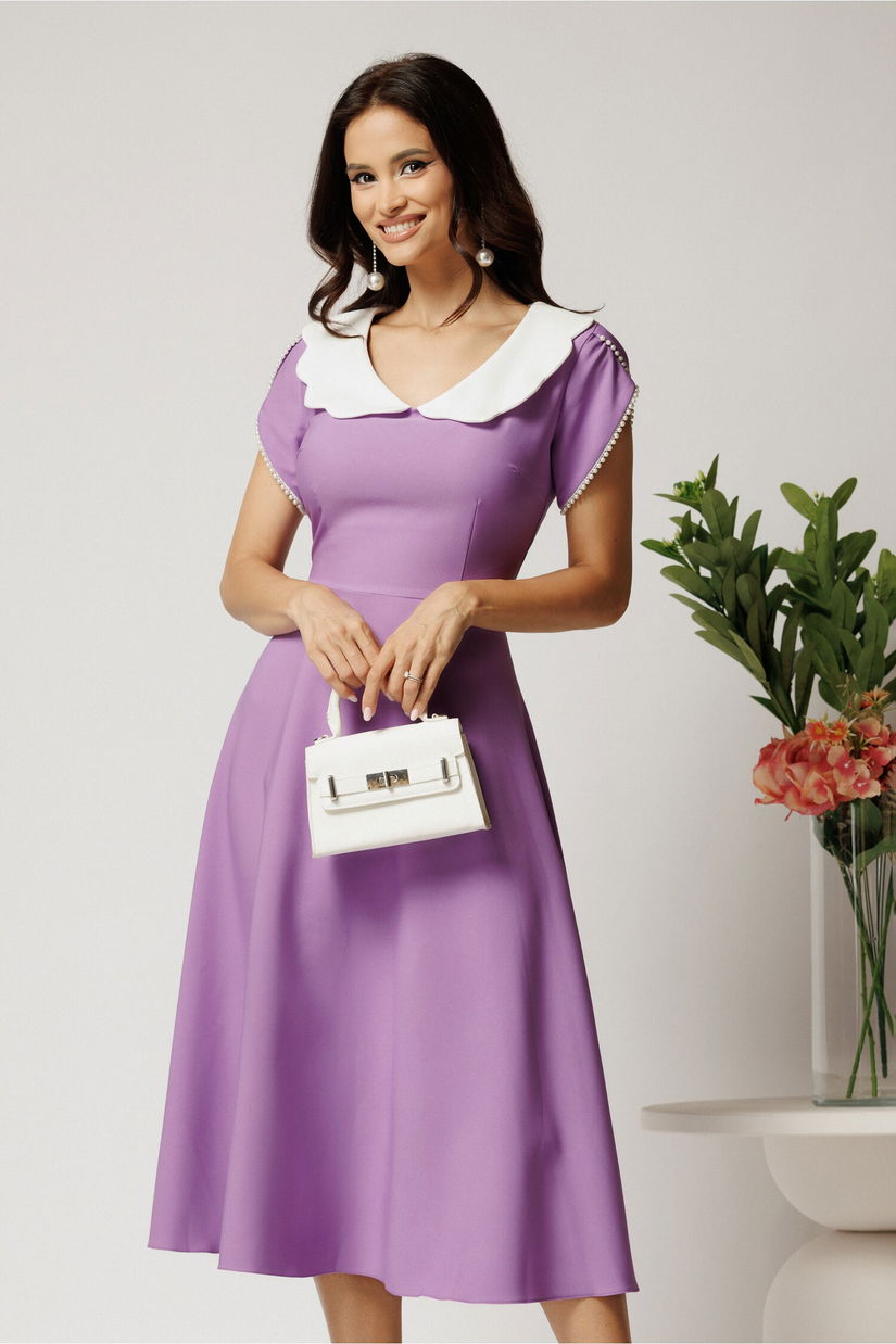 Rochie midi lila din stofa in clos cu guler alb si perle margelute la maneci- LaDonna