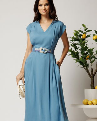 Rochie midi bleu din tencel in clos cu cu pliuri si curea in talie