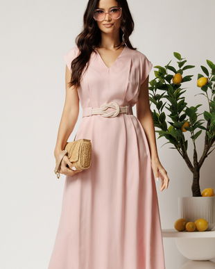 Rochie midi roz din tencel in clos cu cu pliuri si curea in talie
