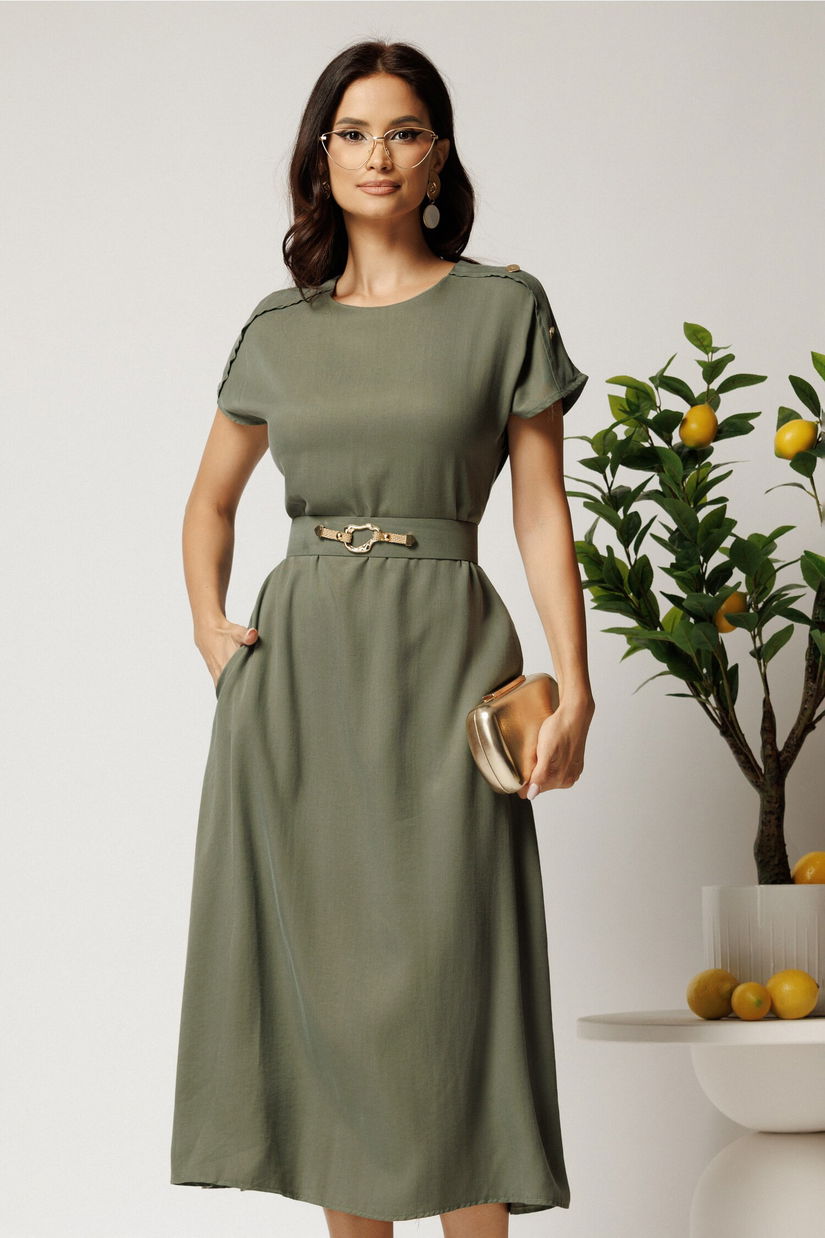 Rochie midi kaki din tencel cu croi evazat si curea in talie
