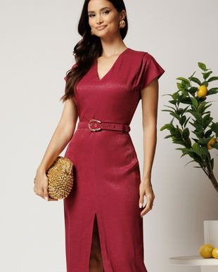 Rochie midi bordo din viscoza cu aspect sidefat si curea in talie