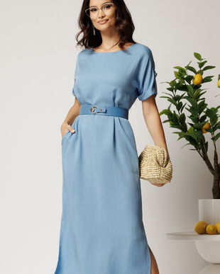 Rochie midi bleu din tencel croi drept si curea in talie