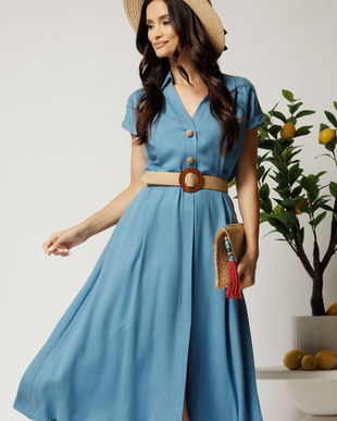 Rochie midi bleu din tencel in clos cu nasturi si curea impletita