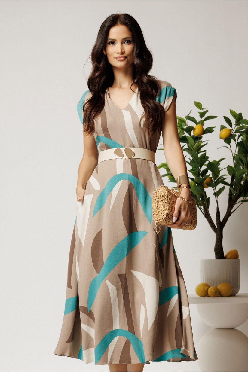 Rochie midi bej in clos din tencel cu imprimeu turcoaz si curea in talie
