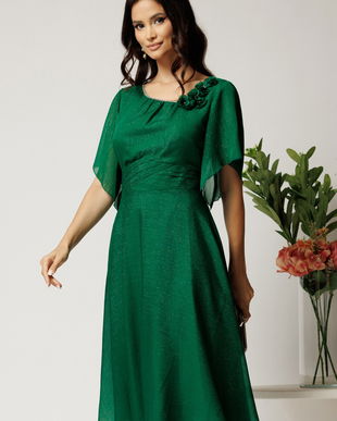 Rochie midi verde din voal in clos cu insertii din fir lurex si flori la decolteu- Viada