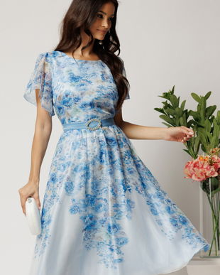 Rochie midi bleu din voal in clos cu imprimeu floral si cordon in talie- Viada