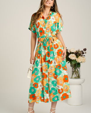 Rochie midi cu flori verde mint si orange din viscoza in clini cu nasturi si cordon in talie