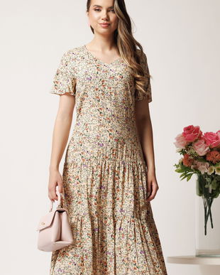 Rochie midi bej din viscoza cu imprimeuri florale maro