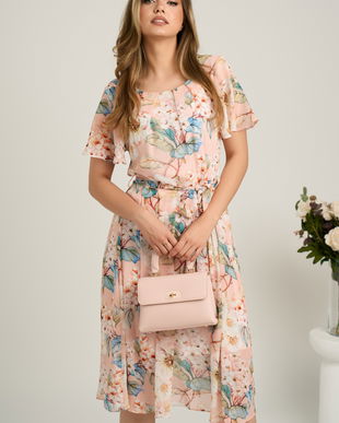 Rochie midi somon din voal cu imprimeuri floreale bleu si cordon in talie