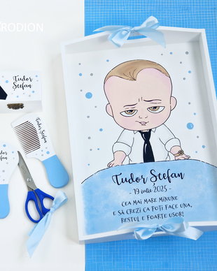 Tava prima aniversare Baby Boss, set mot pictat manual, personalizat cu nume