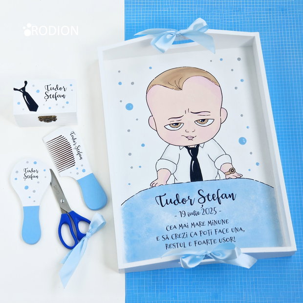 Tava prima aniversare Baby Boss, set mot pictat manual, personalizat cu nume