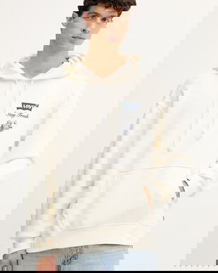 Levi's hanorac de bumbac culoarea bej, cu glugă, cu imprimeu, A2639