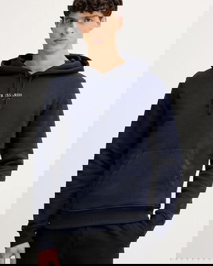 Trussardi hanorac de bumbac culoarea bleumarin, cu glugă, cu imprimeu, G8108000056N