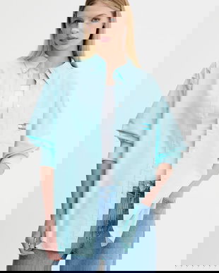 Tommy Jeans cămașă culoarea turcoaz, cu guler clasic, relaxed, DW0DW20988