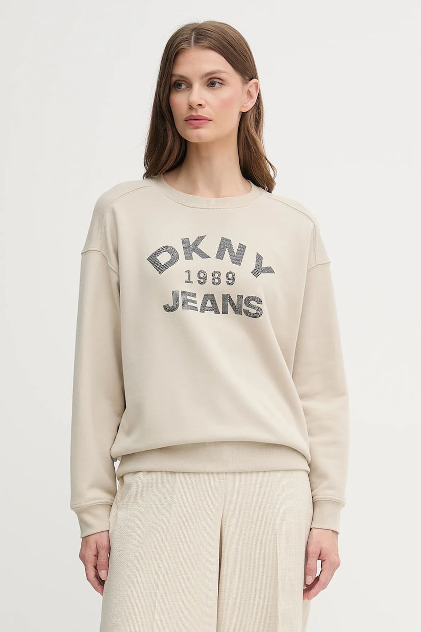 Dkny hanorac de bumbac culoarea bej, cu imprimeu, DJ5T1522
