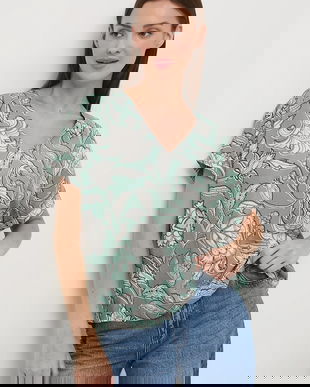 Medicine bluză din amestec de in culoarea turcoaz, cu imprimeu