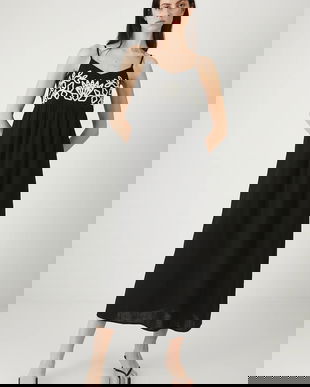 Medicine rochie din amestec de in culoarea negru, maxi, evazați