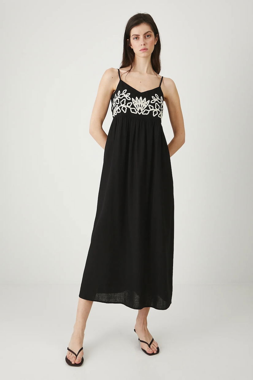 Medicine rochie din amestec de in culoarea negru, maxi, evazați