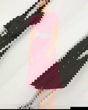 Medicine rochie din amestec de in culoarea bordo, midi, evazati