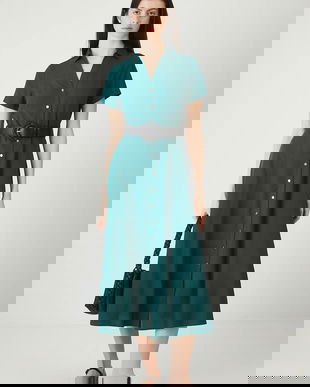 Medicine rochie din amestec de in culoarea verde, midi, evazati