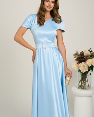 Rochie midi bleu din tafta subtire in clos cu cordon in talie