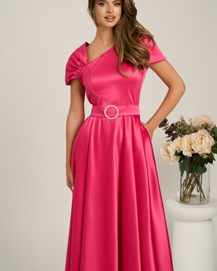 Rochie midi fucsia din tafta subtire in clos cu cordon in talie