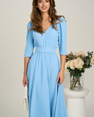 Rochie midi bleu din triplu voal in clos cu cordon in talie