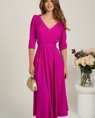 Rochie midi fucsia din triplu voal in clos cu cordon in talie