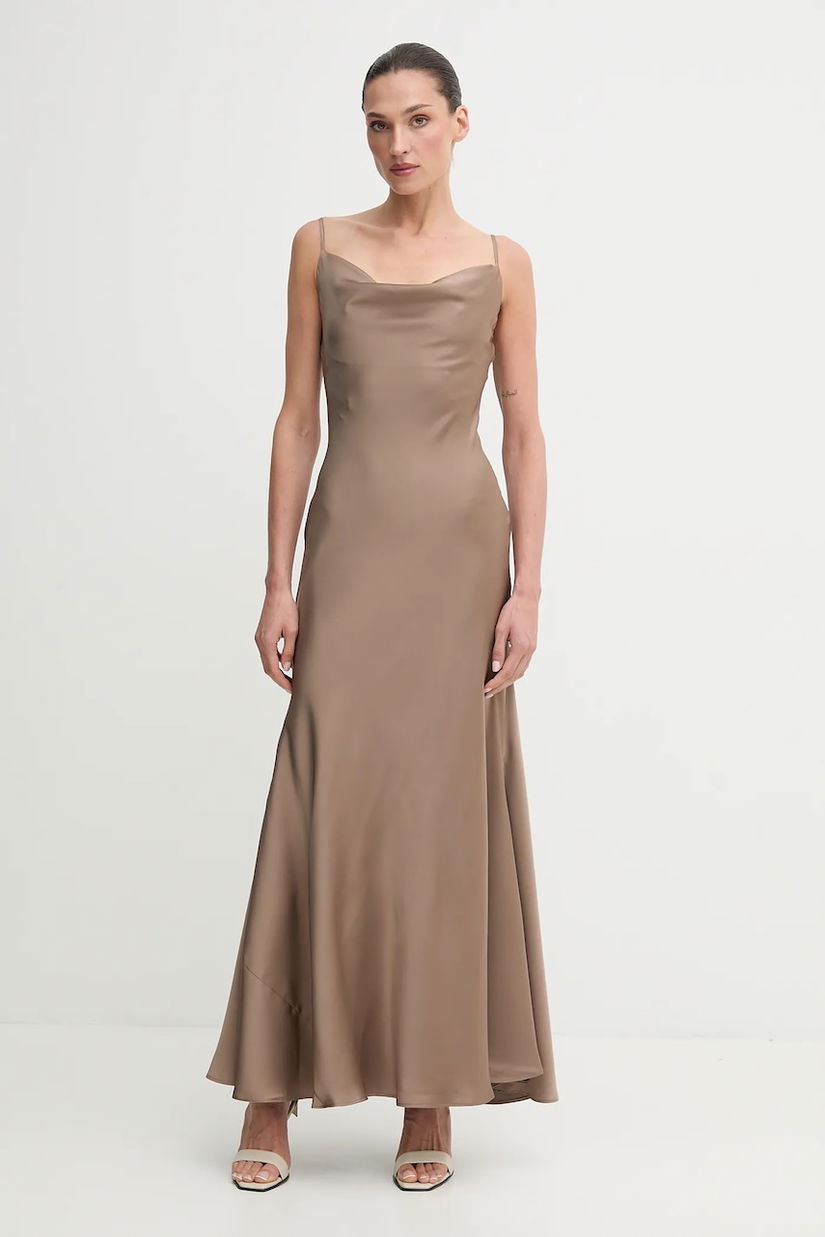 Bardot rochie culoarea maro, maxi, mulată, 59709DB3