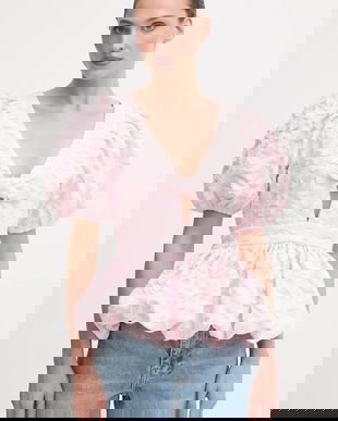 Rotate bluză culoarea roz, cu imprimeu, 114793191