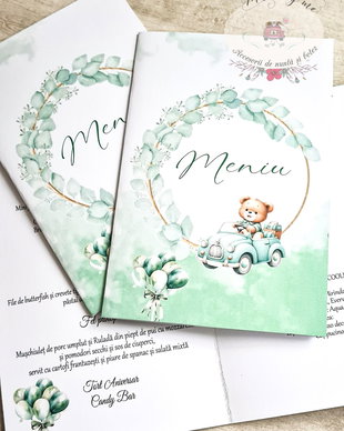 Meniu botez verde pastel cu ursulet