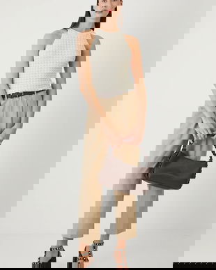 Medicine pantaloni din amestec de in culoarea bej, fason chinos, medium waist