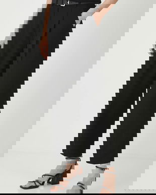 Medicine pantaloni din amestec de in culoarea negru, fason chinos, medium waist