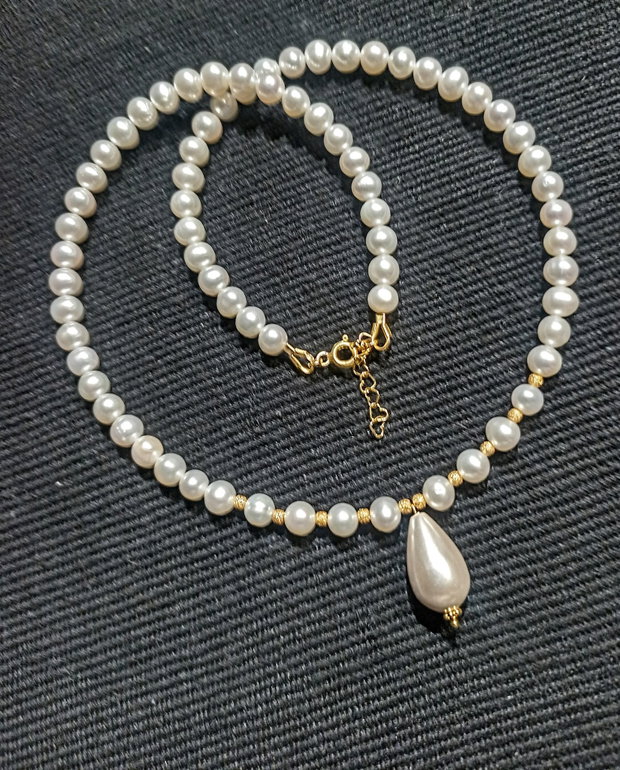 Colier vermeil perle naturale de cultura perla seashell picatura argint placat cu aur clasic victorian trendy - Transport gratuit