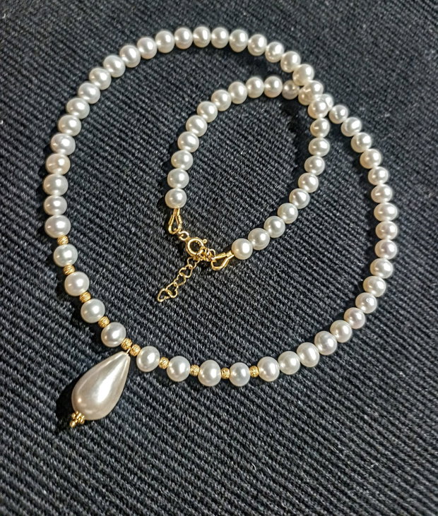Colier vermeil perle naturale de cultura perla seashell picatura argint placat cu aur clasic victorian trendy - Transport gratuit