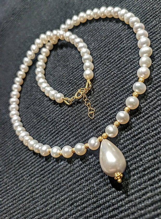 Colier vermeil perle naturale de cultura perla seashell picatura argint placat cu aur clasic victorian trendy - Transport gratuit