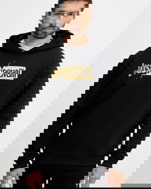 Just Cavalli hanorac de bumbac culoarea negru, cu glugă, cu imprimeu, 79OAIB01 CF802